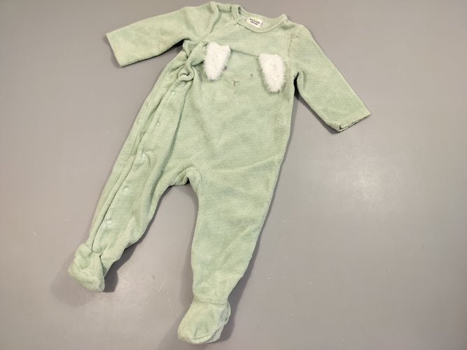 Pyjama velours vert clair texturé, tête de lapin, oreille blanches toutes douces 75% coton 25% polyester, moins cher chez Petit Kiwi
