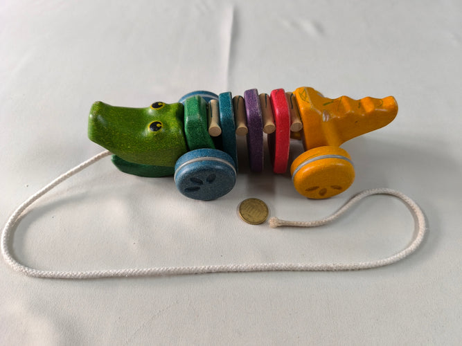 Crocodile articulé à tirer multicolore en bambou recyclé, Plantoys (traces de marqueurs), moins cher chez Petit Kiwi