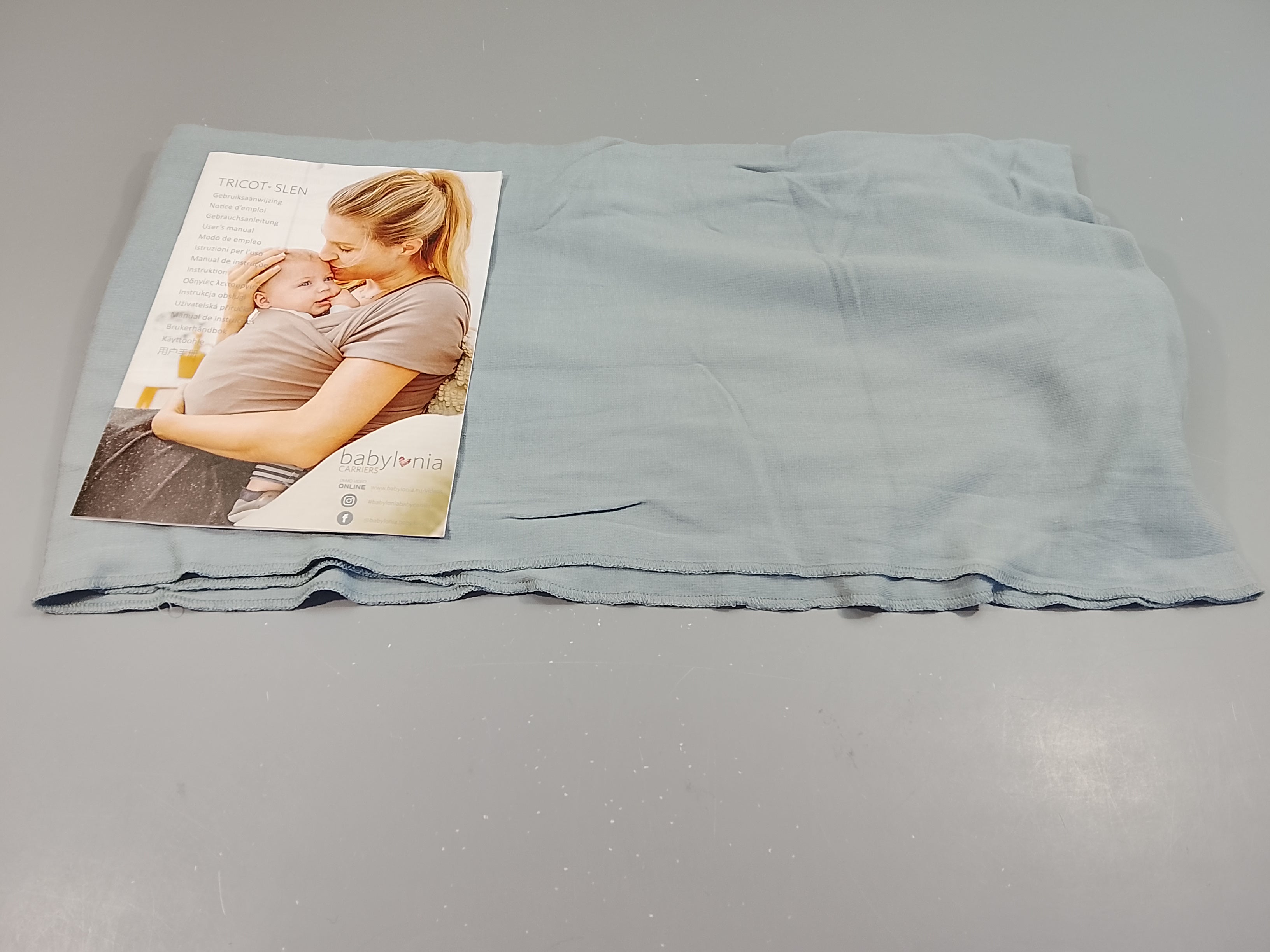 Echarpe de portage Babylonia gris bleuté, modèle tricot-slen jusqu'à 15kg- 36 mois+ livret explicatif