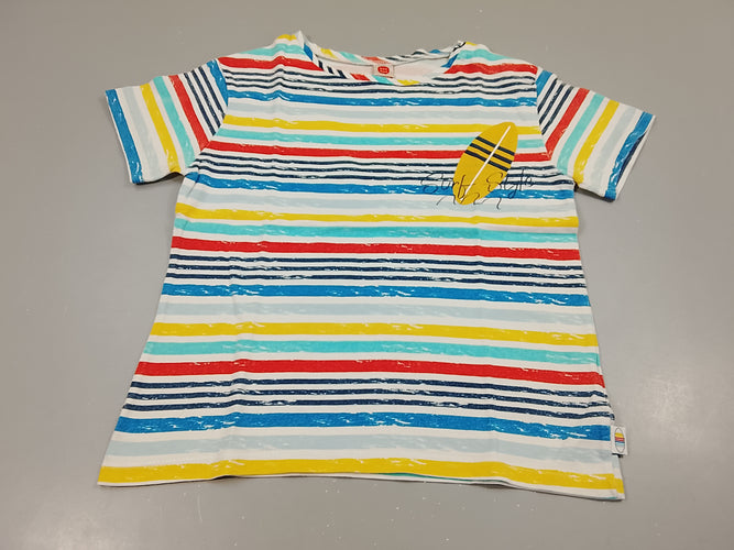 T-shirt m.c blanc rayé multicolore , planche de surf, moins cher chez Petit Kiwi