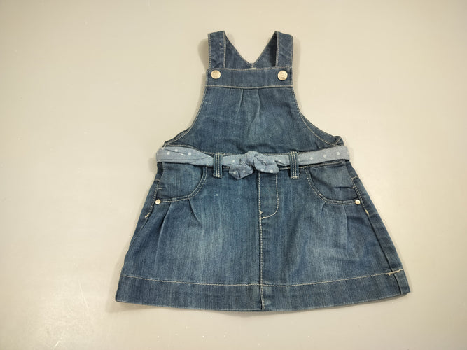 Robe salopette denim avec ceinture, très légers accrocs, moins cher chez Petit Kiwi
