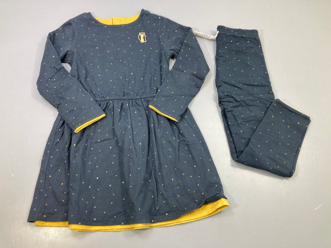 Ensemble 2pcs robe m.l bleu marine étoiles dorées hibou, doublure moutarde + legging assorti, moins cher chez Petit Kiwi