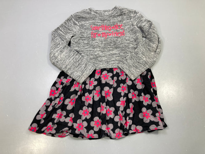 Robe m.l gris chiné "Something nice for my friend", jupe noire fleurs roses, moins cher chez Petit Kiwi