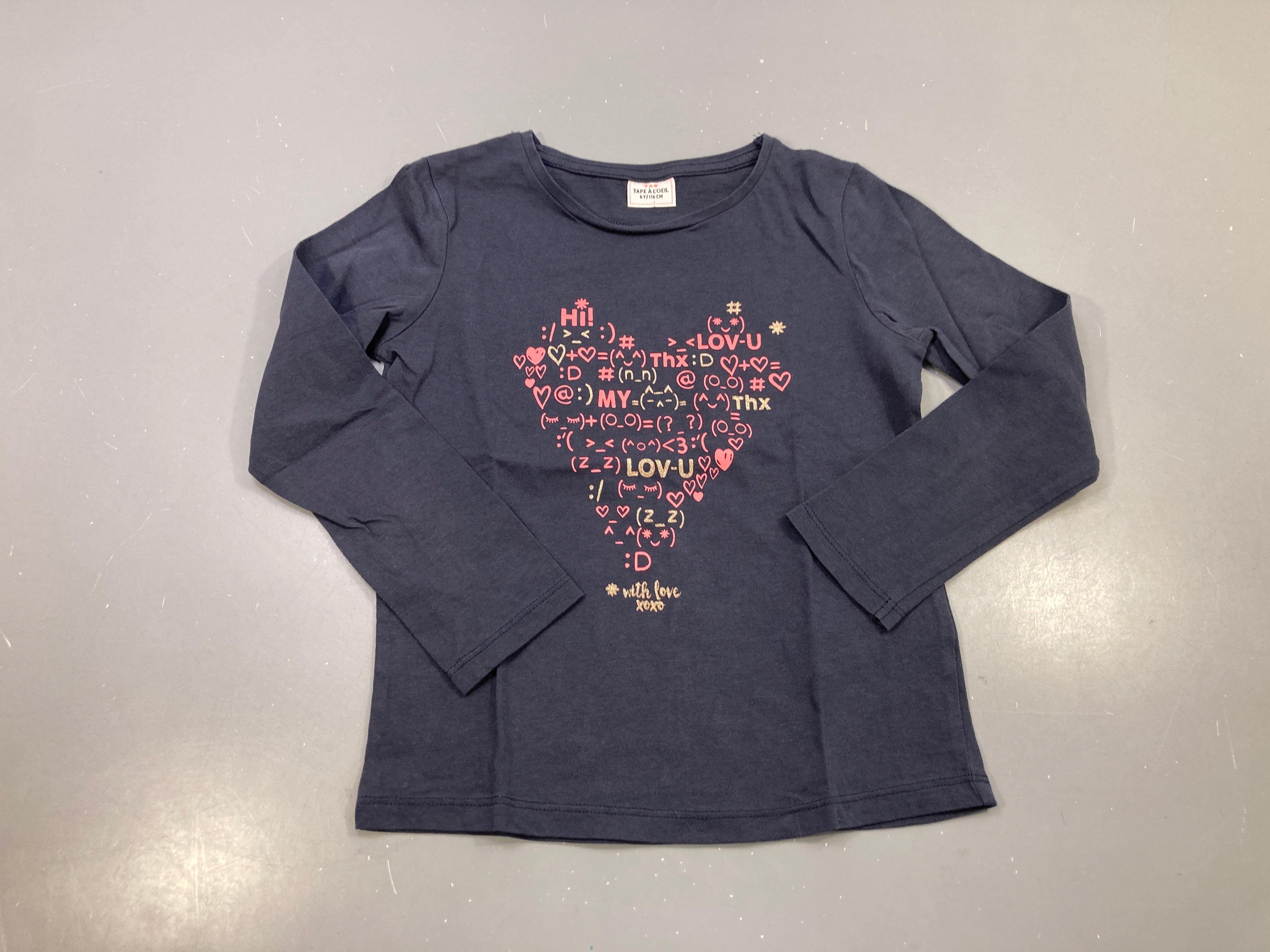 T-shirt m.l bleu marine cœur émoticônes rose et doré 