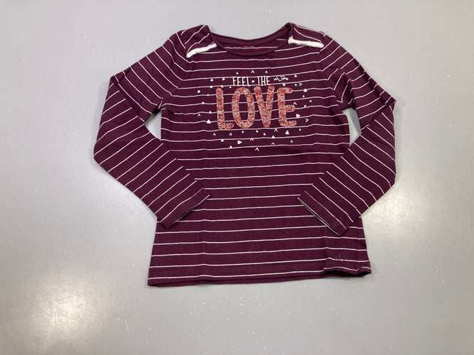 T-shirt m.l bordeaux rayé blanc "Feel the love", franges aux épaules, moins cher chez Petit Kiwi