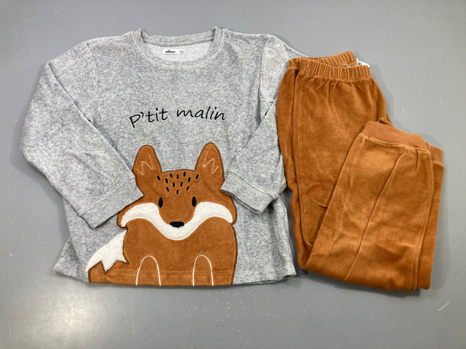 Pyjama 2pcs velours gris renard "P'tit malin", bas camel, moins cher chez Petit Kiwi