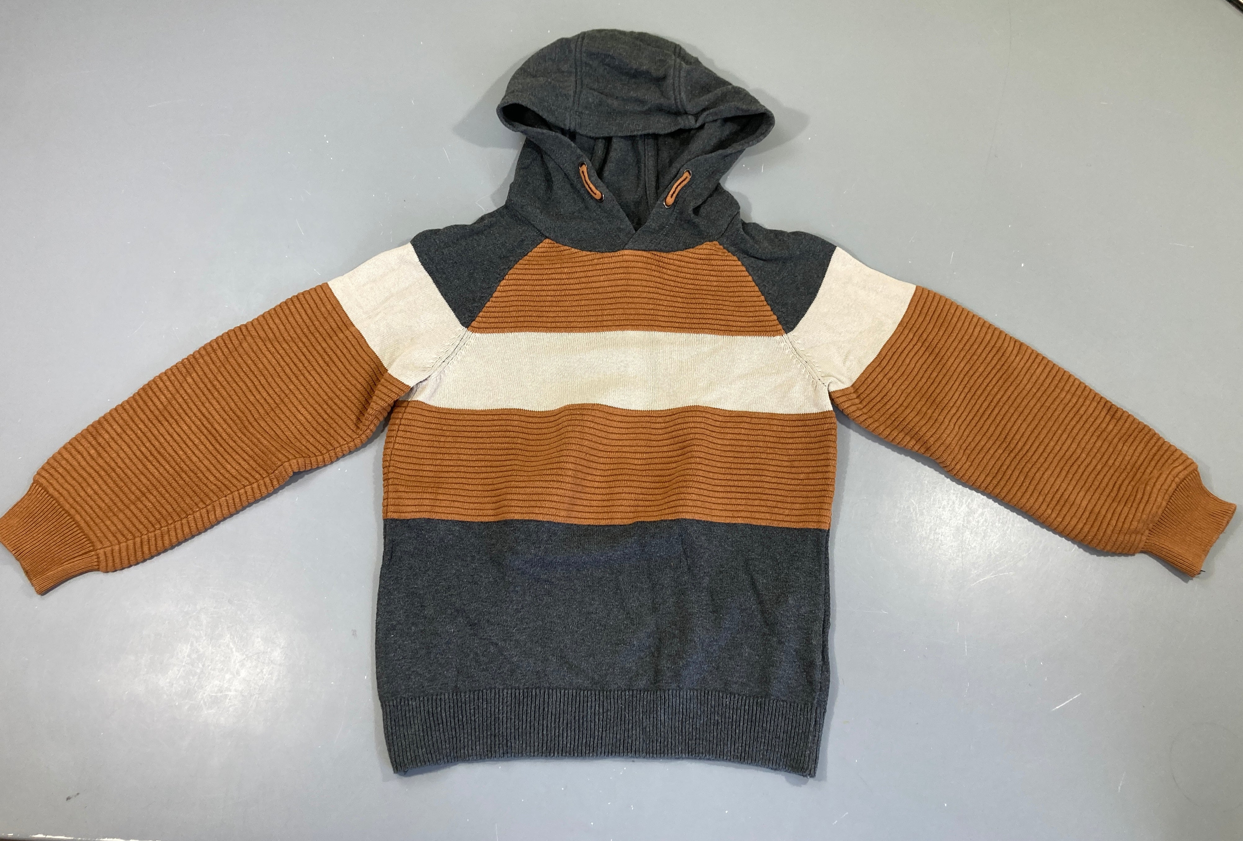 Pull à capuche brun-beige-gris côtelé