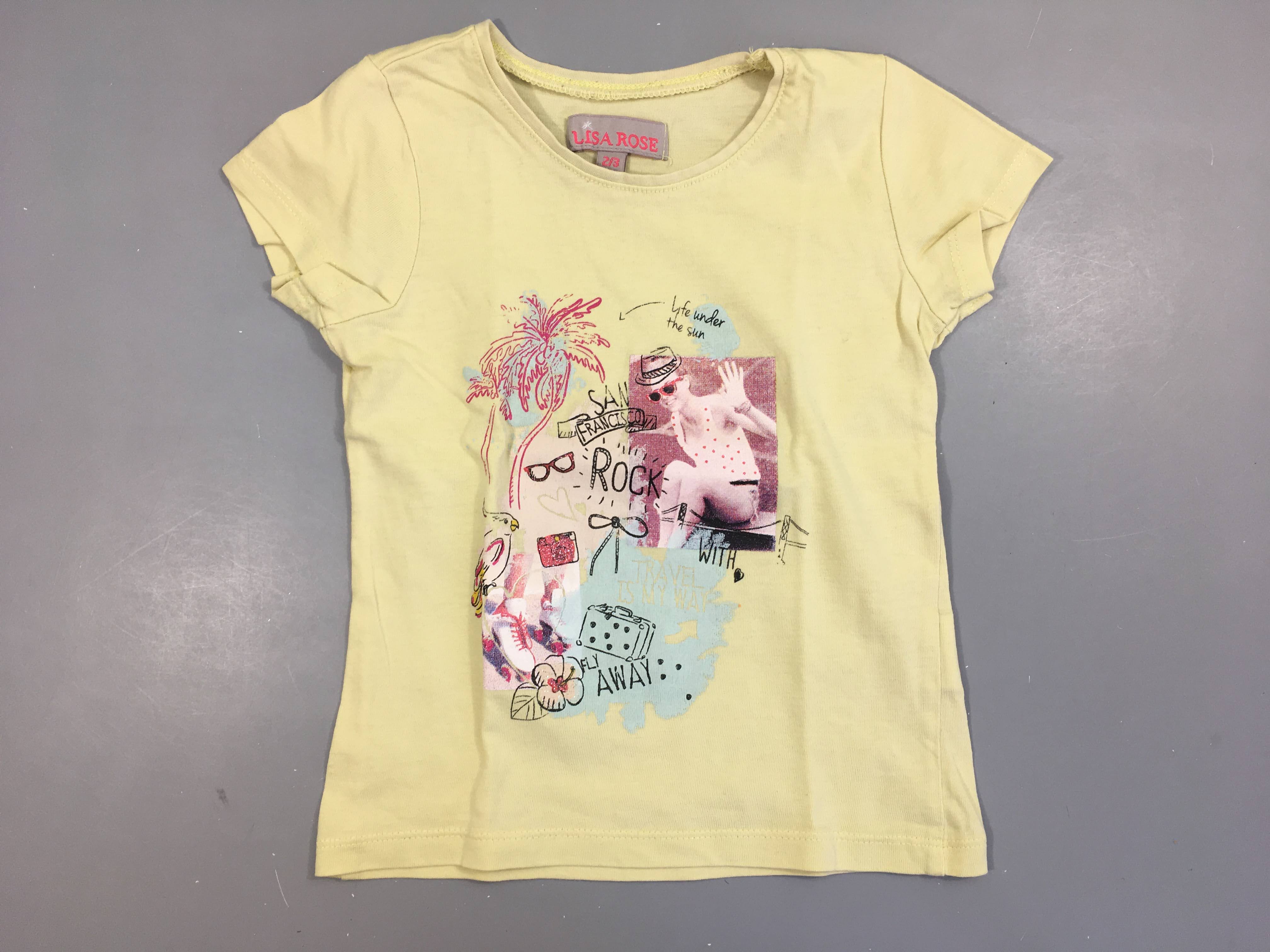 T-shirt m.c jaune cadre fille rock Lila rose