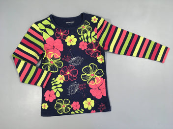 T-shirt m.l bleu foncé fleurs roses-vertes
