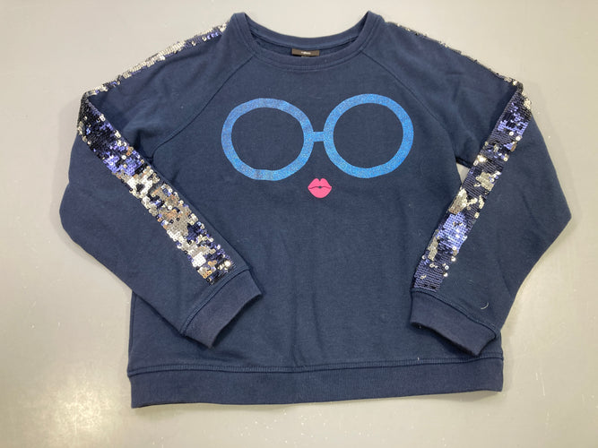Sweat bleu marine lunettes bleues brillantes, manches sequins réversibles, moins cher chez Petit Kiwi