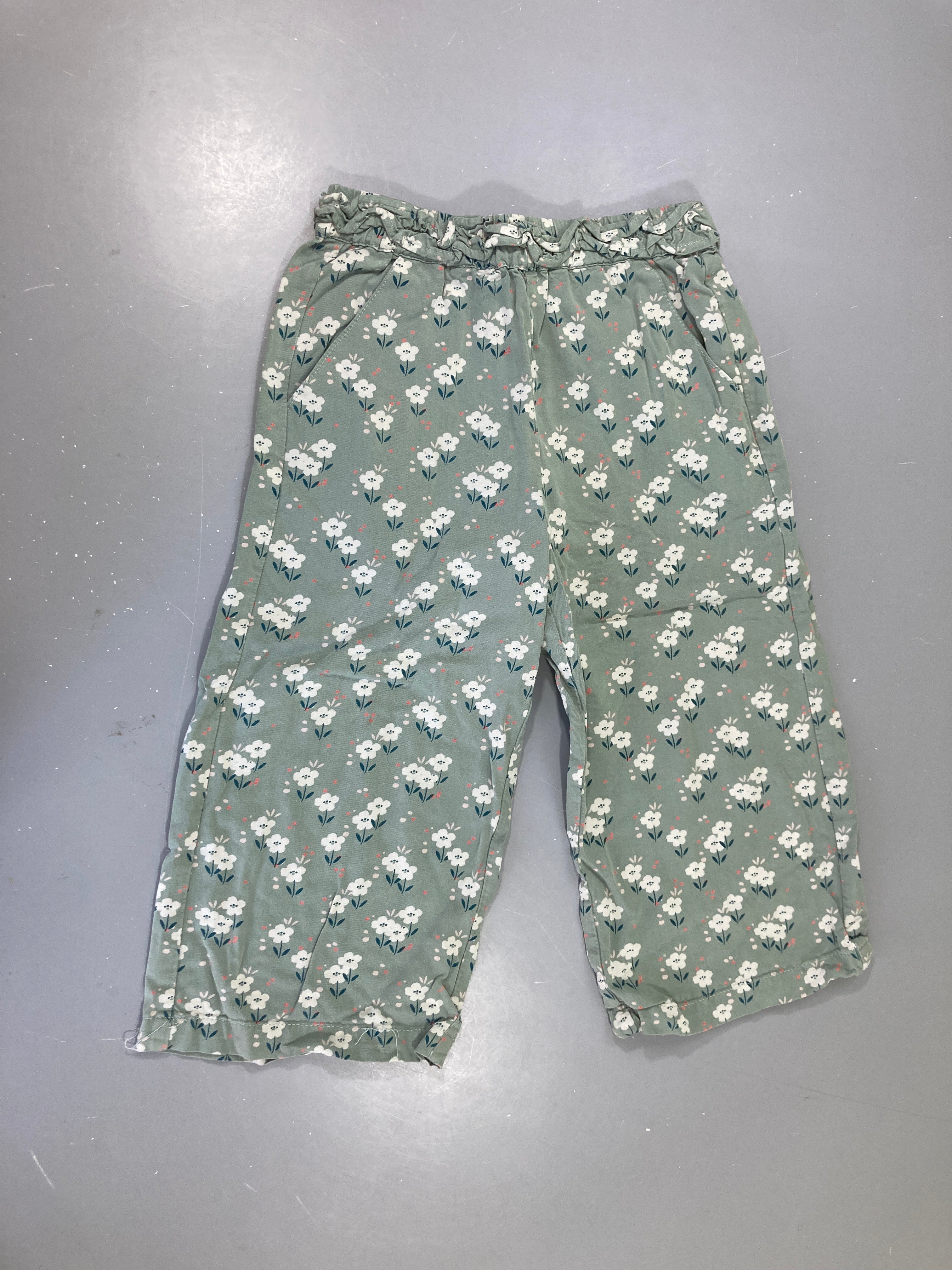 Pantalon large coton kaki clair fleuri