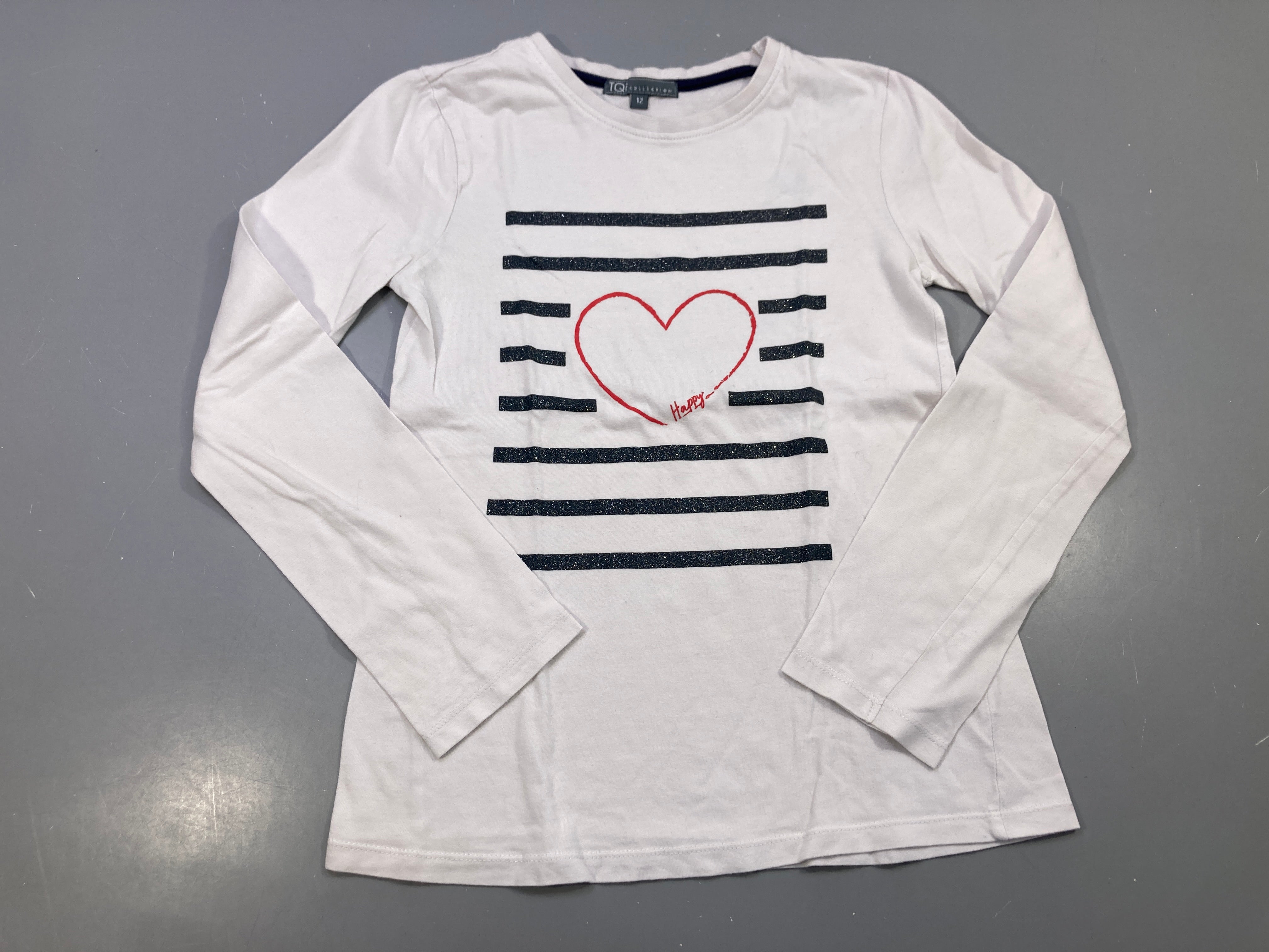 T-shirt m.l blanc rayures marine brillantes, cœur rouge Happy
