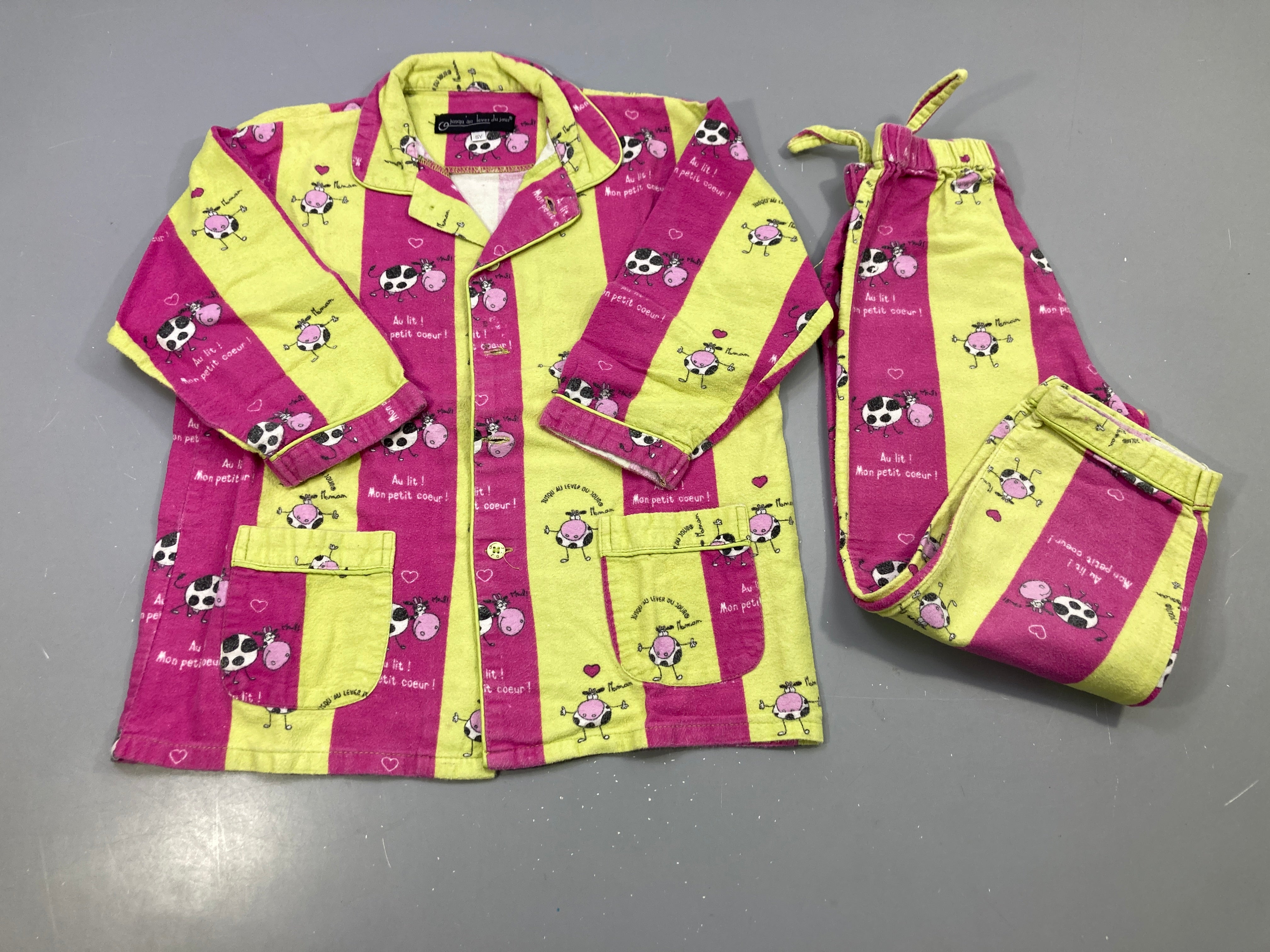 Pyjama 2pcs rayé fuchsia et vert anis, vaches Bouloché