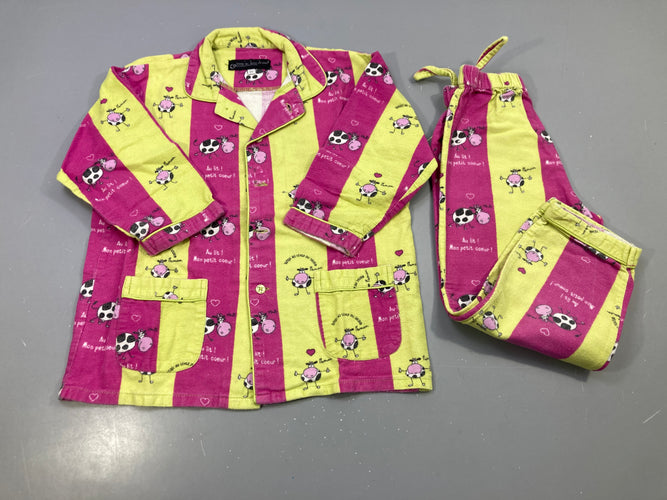 Pyjama 2pcs rayé fuchsia et vert anis, vaches Bouloché, moins cher chez Petit Kiwi