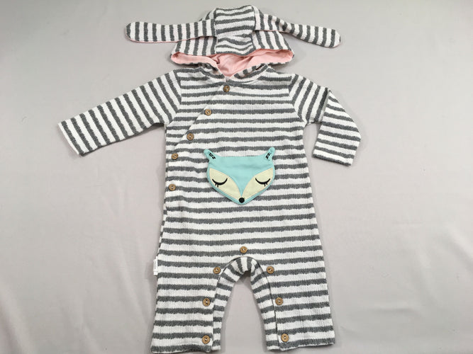 Combinaison à capuche rayée blanc gris texturé renard bleu, moins cher chez Petit Kiwi
