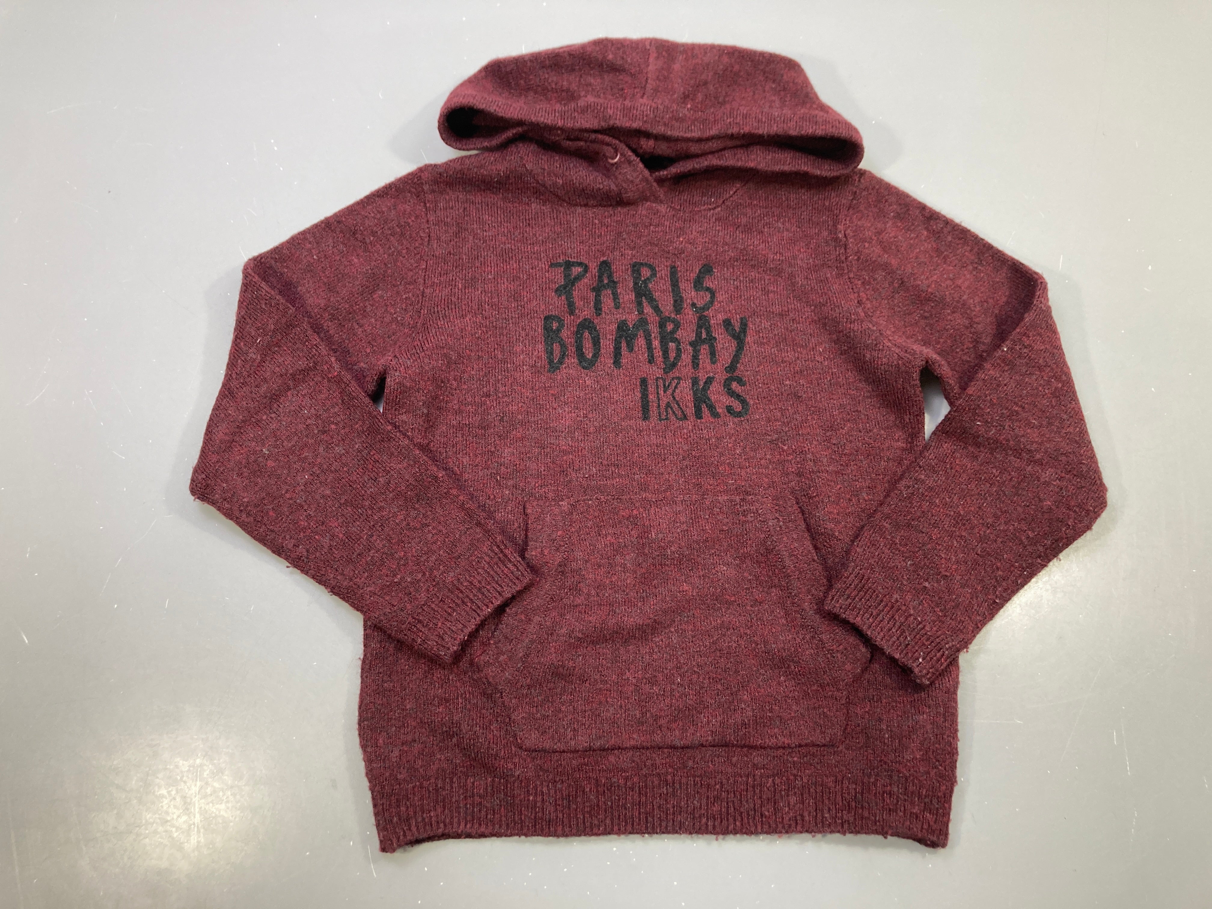 Pull capuche maille bordeaux chiné, Paris Bombay IKKS noir, bouloché