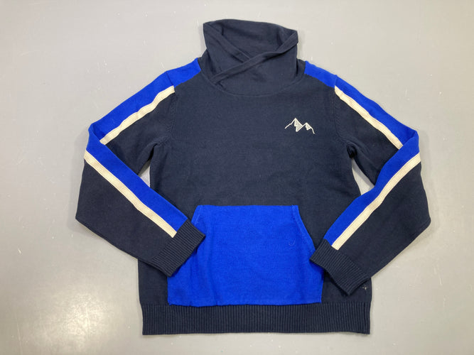 Pull maille col croisé bleu marine et bleu roi, bandes écru manches, montagne brodée, moins cher chez Petit Kiwi