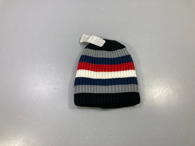NEUF Bonnet côtelé rayé noir, gris, marine, rouge et écru, moins cher chez Petit Kiwi