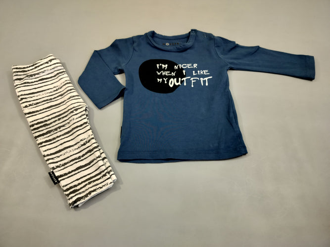 Ensemble  T-shirt m.l  bleu cercle noir, inscriptions blanches  + Pantalon  blanc ligné noir, moins cher chez Petit Kiwi