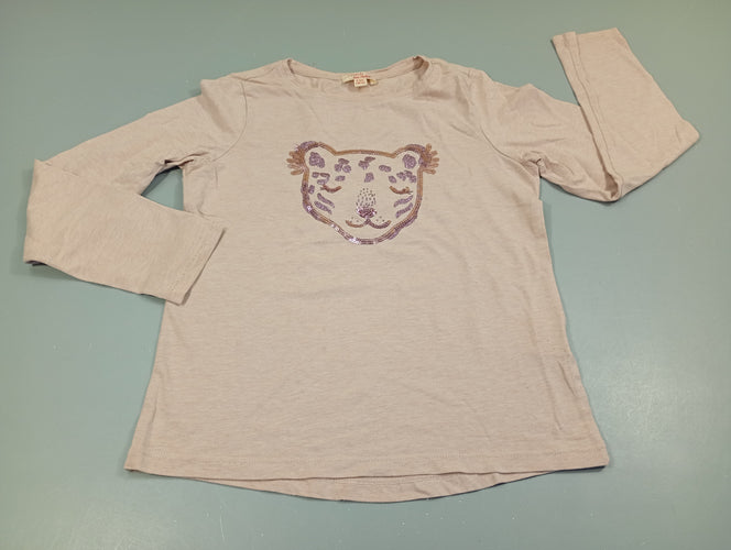 T-shirt m.l rose clair flammé, tête de léopard en sequins roses, moins cher chez Petit Kiwi
