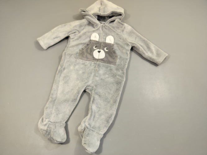 Surpyjama velours gris clair, tête  de raton laveur, moins cher chez Petit Kiwi