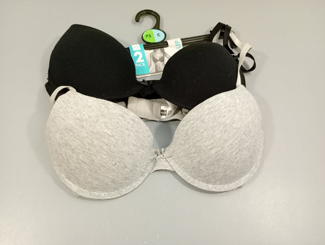 Neuf lot de 2 soutiens-gorge Push-up 1 noir/ 1 gris clair flammé  75C, moins cher chez Petit Kiwi