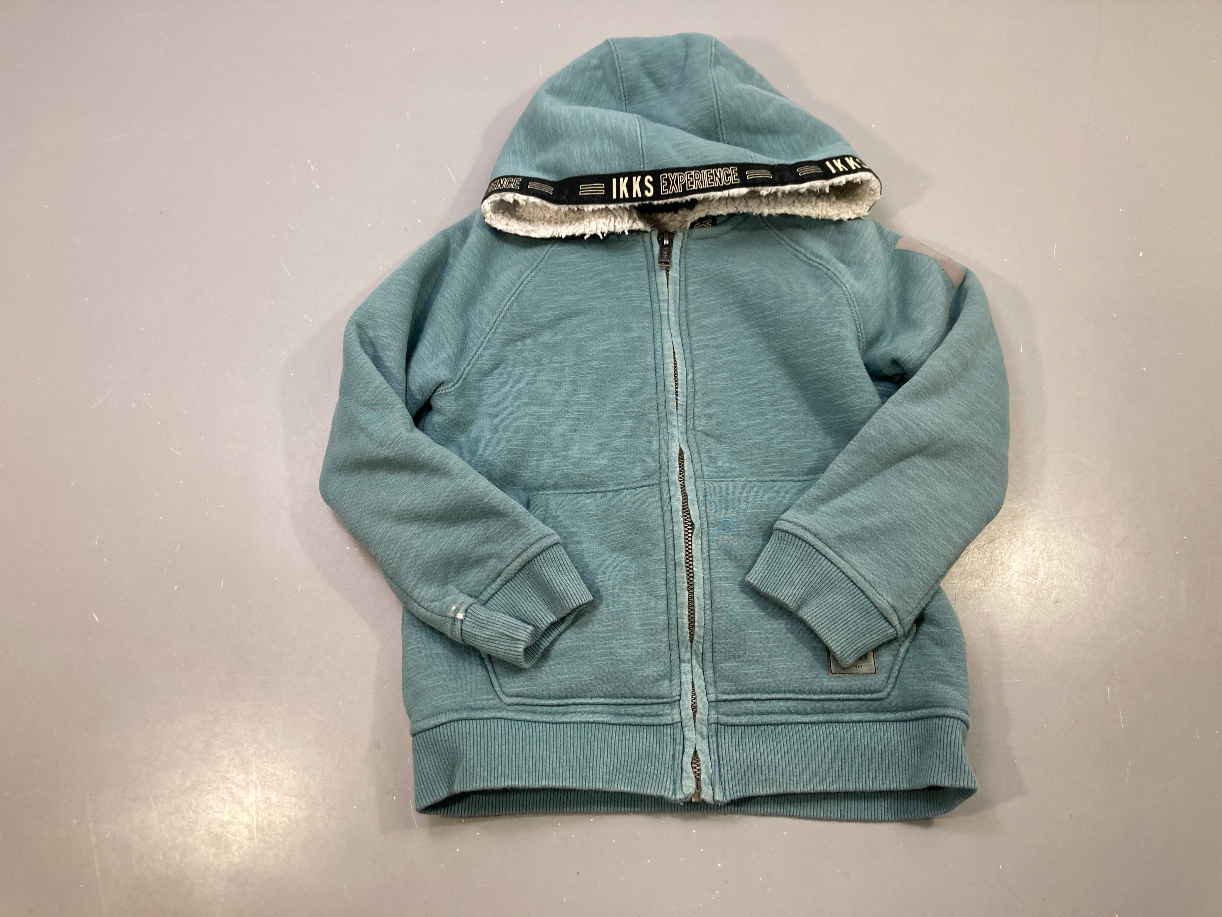 Sweat zippé capuche bleu canard chiné, capuche doublée sherpa