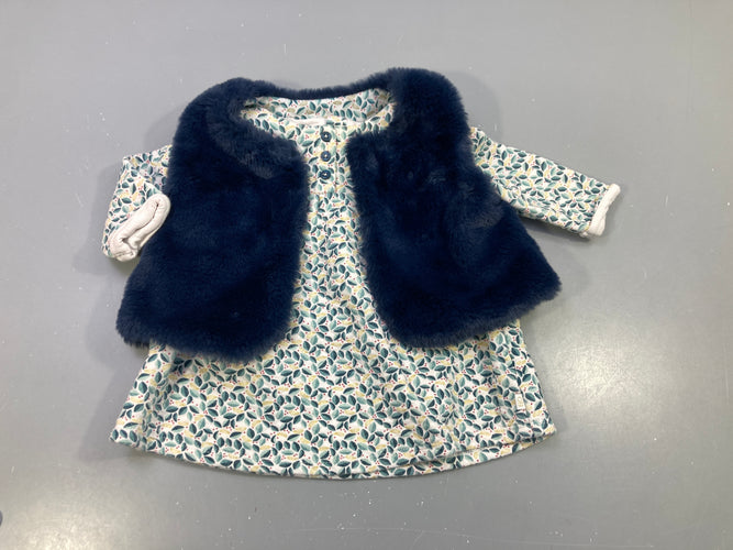 Ensemble blouse ml blanc matelassée motifs feuillage + gilet s.m réversible velours bleu/ blanc motif feuillage, moins cher chez Petit Kiwi