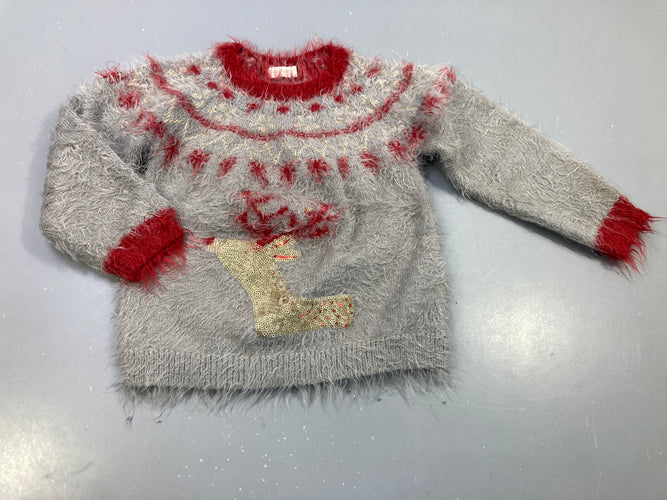 Pull peluche gris, rouge, renne en sequins dorés, moins cher chez Petit Kiwi