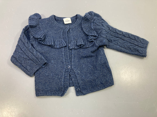 Gilet bleu marine chiné, col frofrou, torsades aux manches, légèrement bouloché, moins cher chez Petit Kiwi