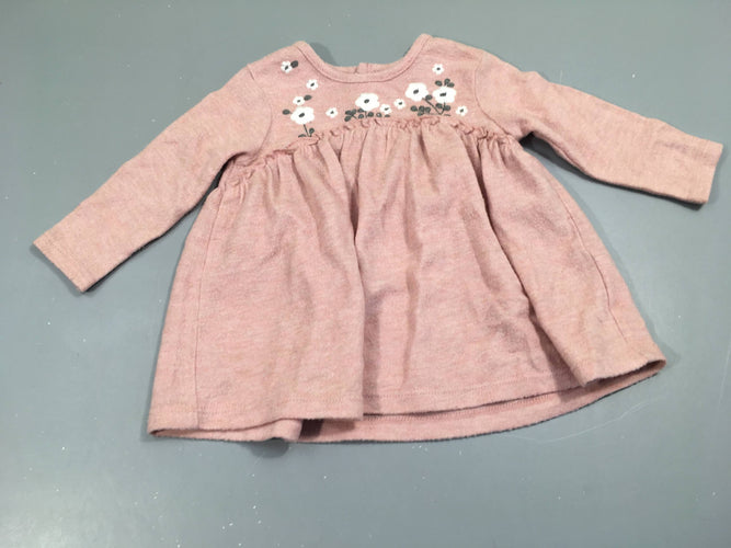 Robe m.l en molleton léger rose avec broderies blanches et grises, moins cher chez Petit Kiwi