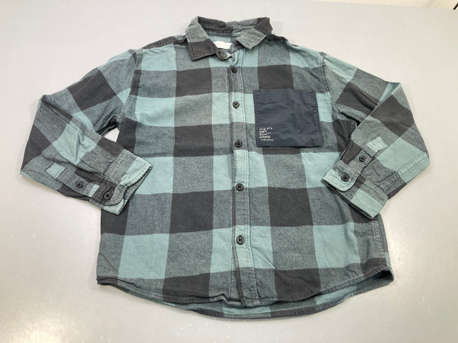 Chemise m.l à carreaux vert et bleu, grande poche, légèrement bouloché, moins cher chez Petit Kiwi