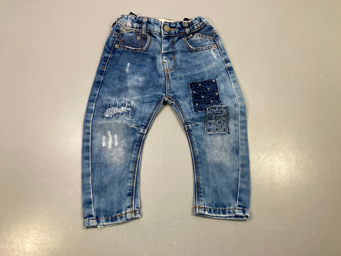 Pantalon denim effet délavé, patchwork, moins cher chez Petit Kiwi