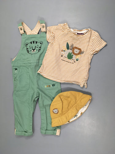 Salopette toile vert + T-shirt m.c rayé (bouloché) +chapeau beige, moins cher chez Petit Kiwi