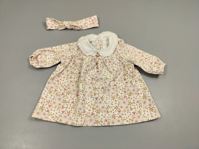 Robe m.l blanche col blanc , fleurs roses, avec ruban assorti, moins cher chez Petit Kiwi