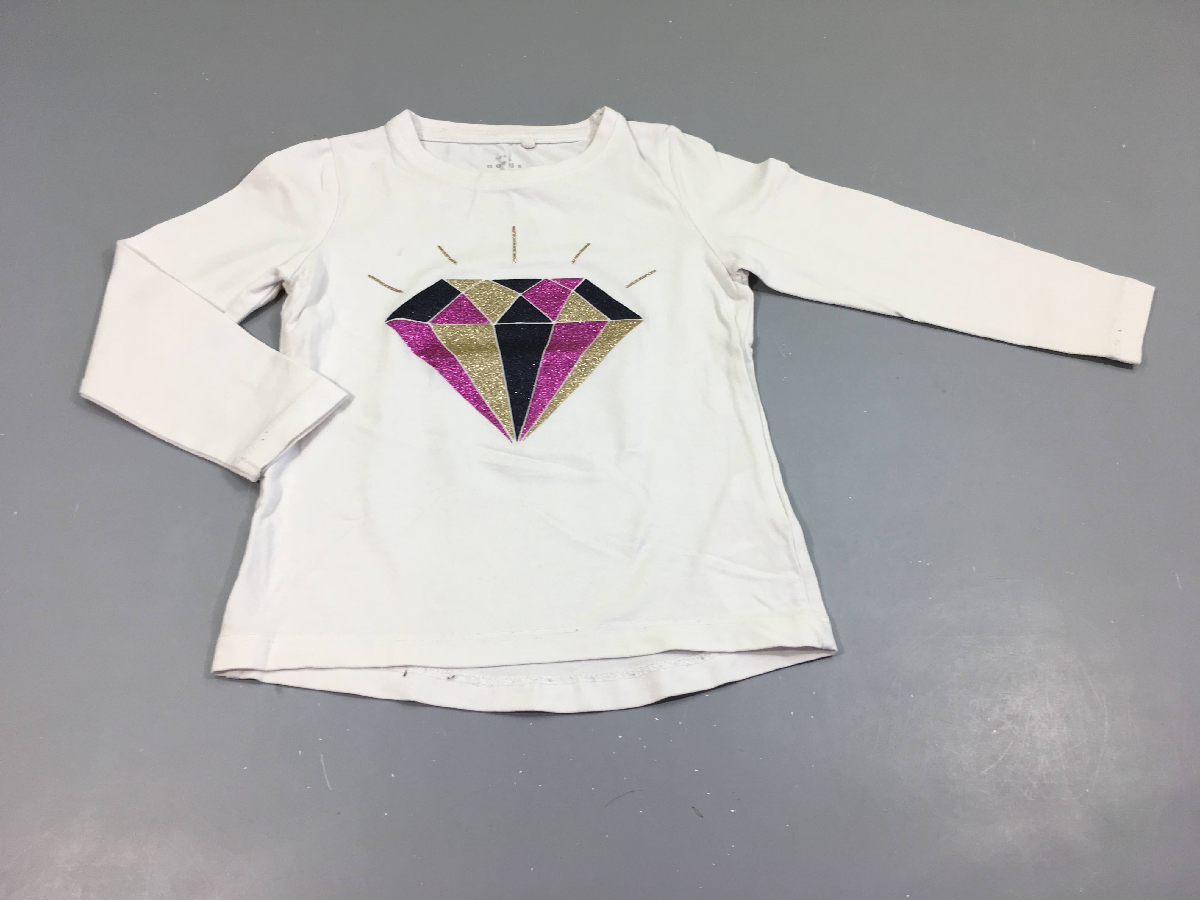 T-shirt m.l blanc , diamant rose, bleu marine, doré pailleté