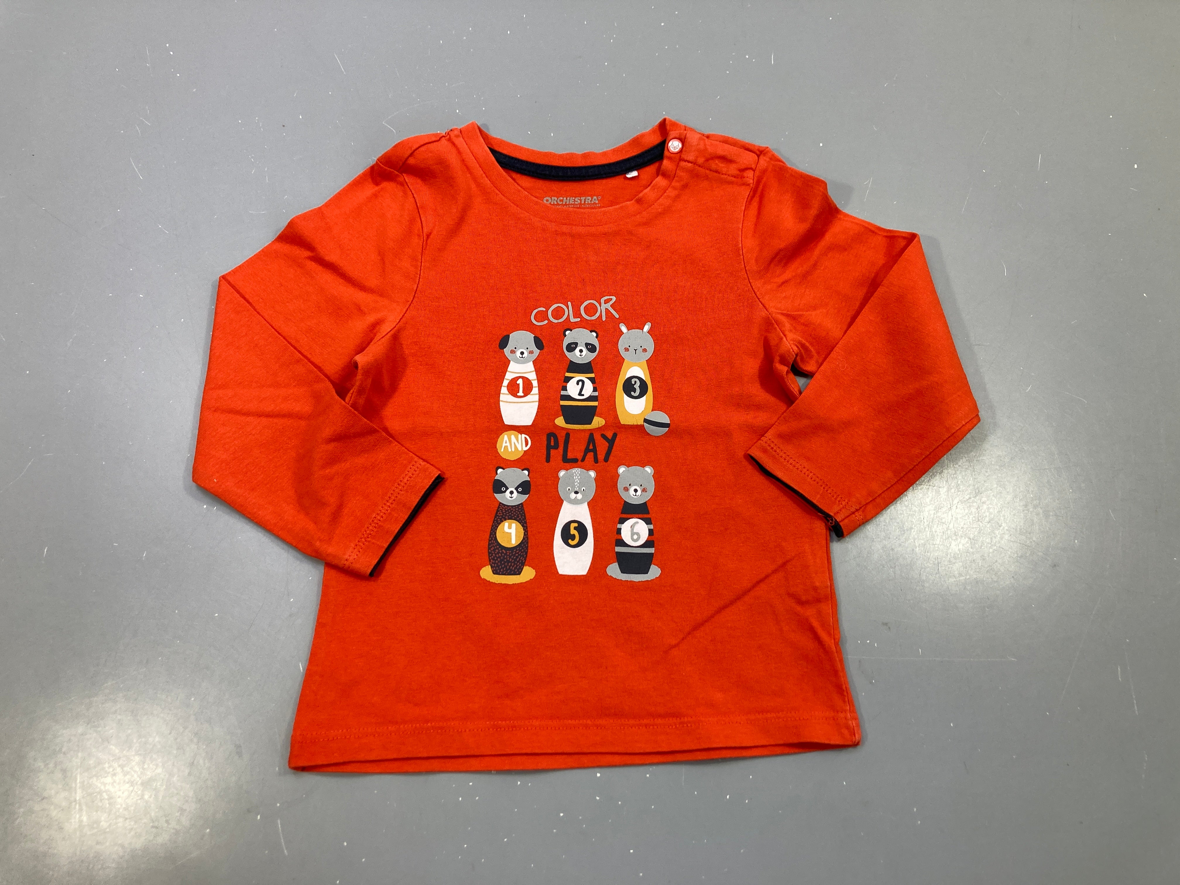 T-shirt m.l rouge ,quilles animaux