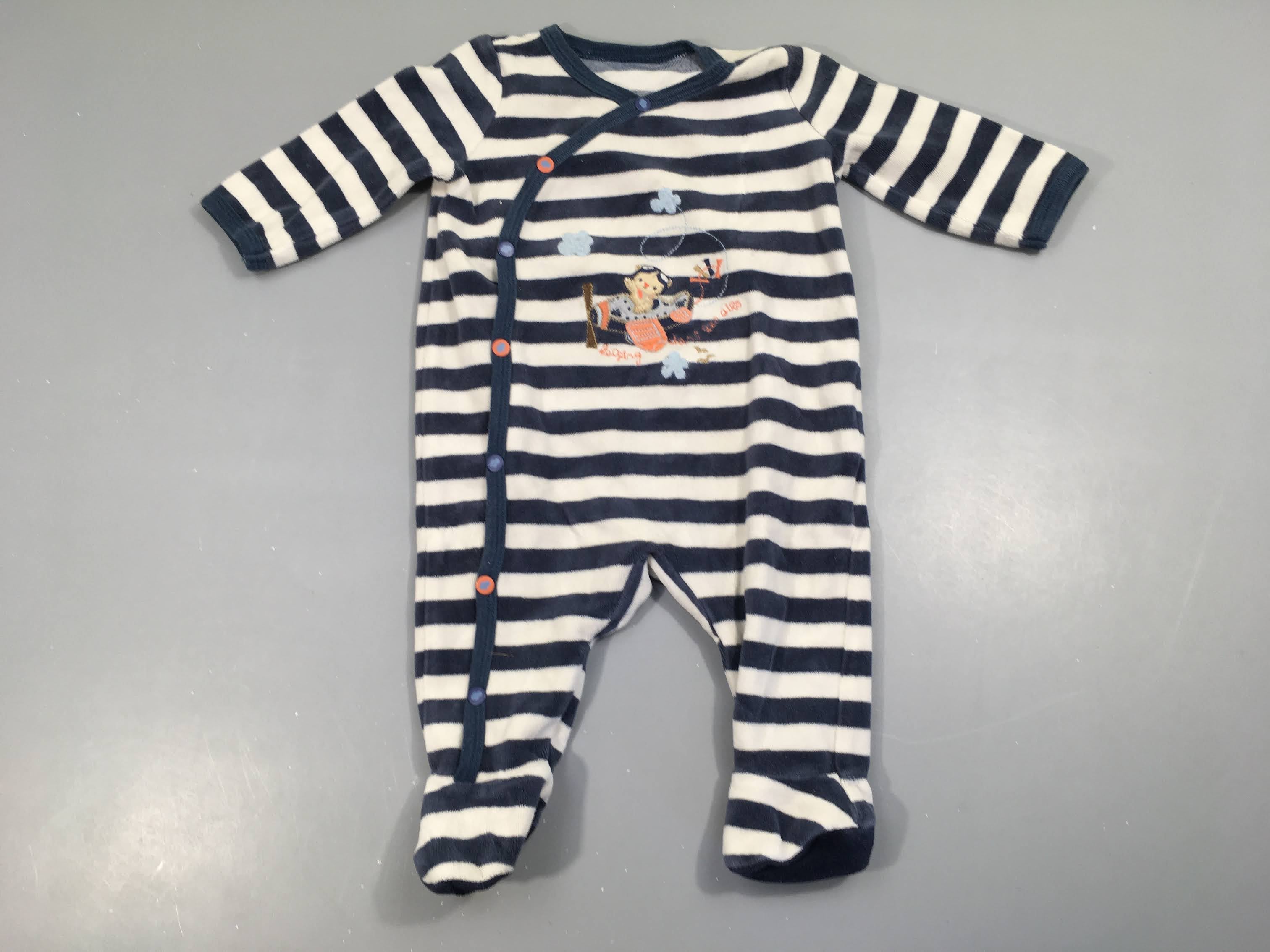 Pyjama velours blanc rayé bleu avion