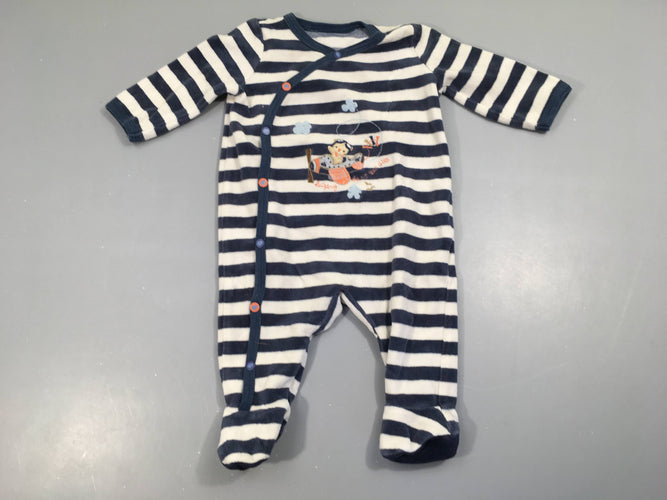 Pyjama velours blanc rayé bleu avion, moins cher chez Petit Kiwi