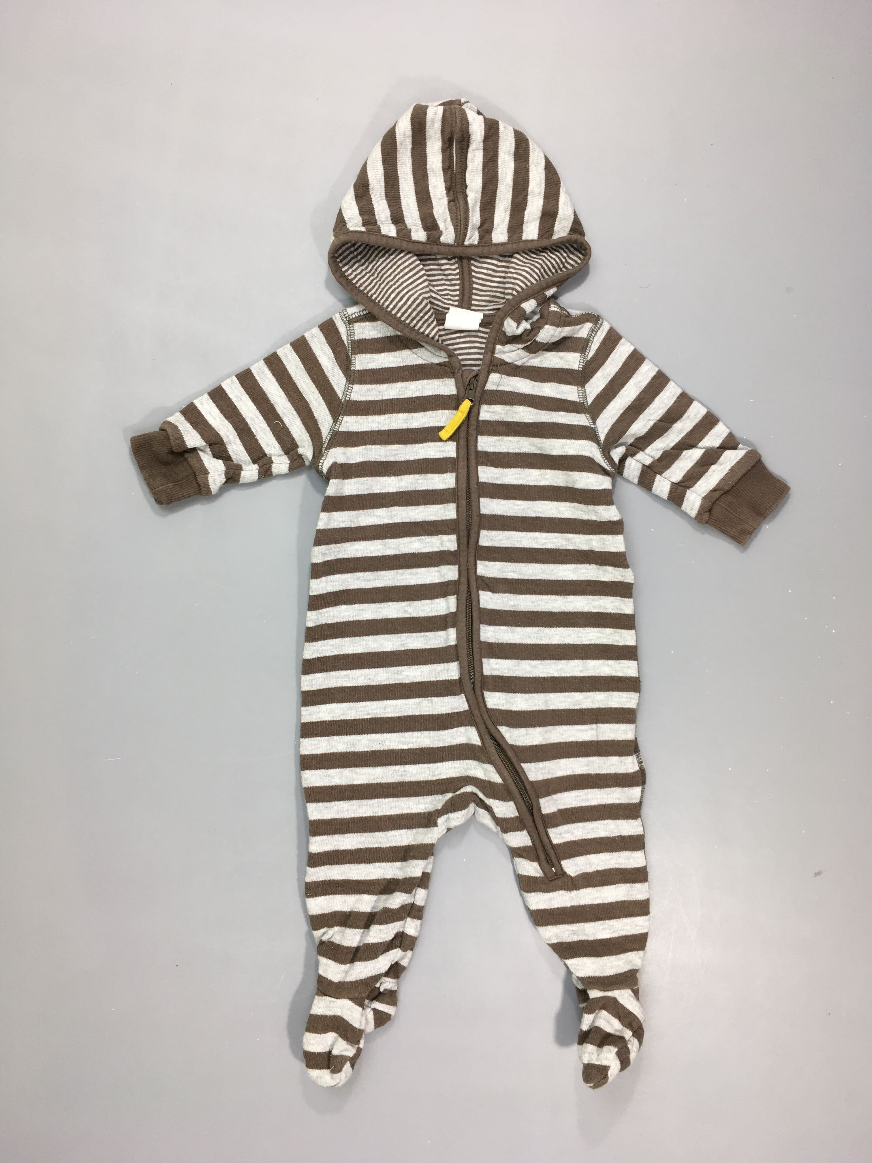 Combi molleton rayée gris chiné/brun zippée à capuche, légèrement boulochée