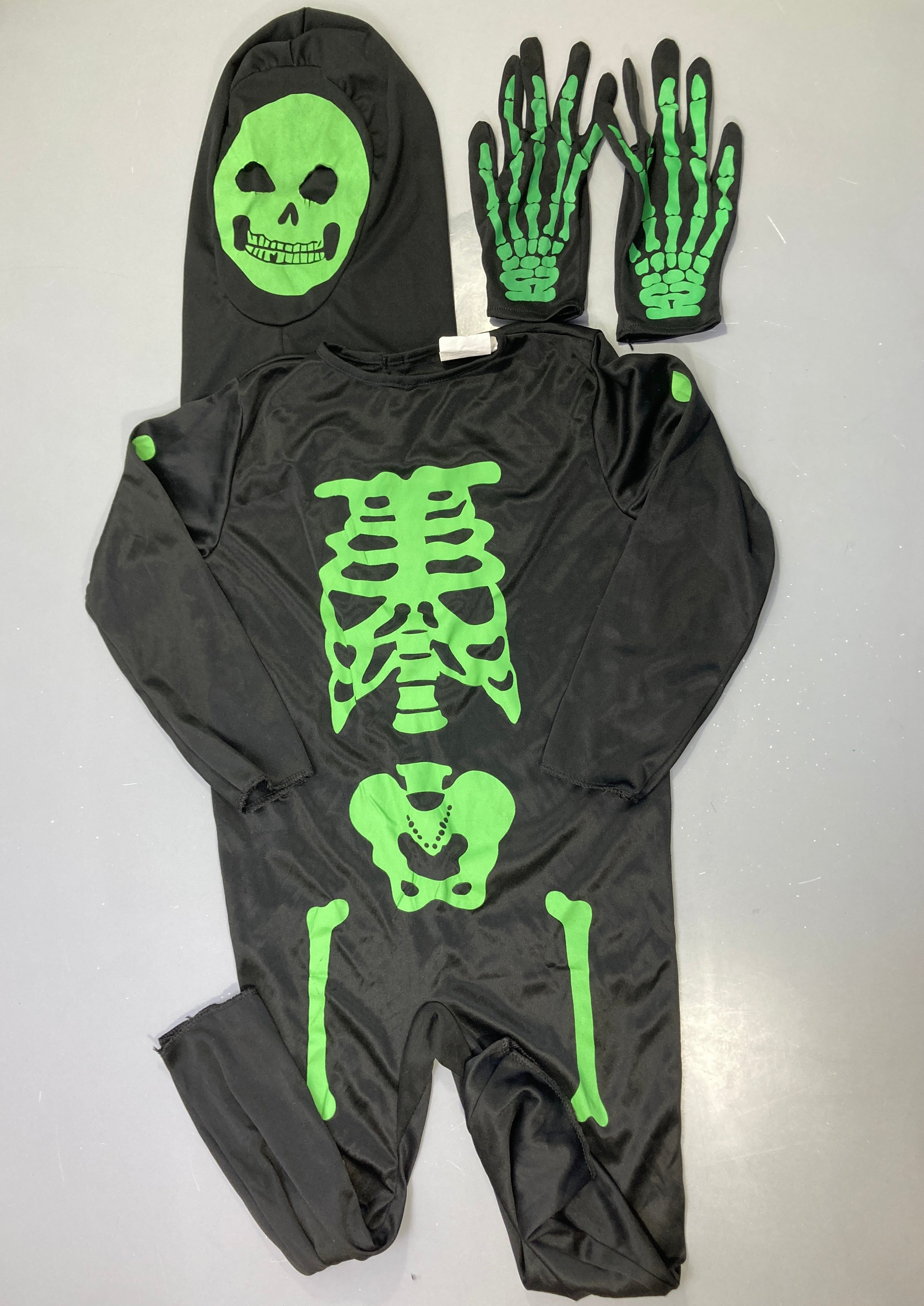 Déguisement Halloween combinaison squelette noir/vert + cagoule + gants