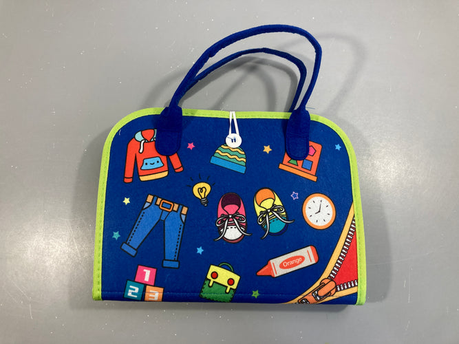 NEUF Pochette sensoriel Montessori à activités multiples, en feutrine bleue, Golmund, +3a, moins cher chez Petit Kiwi