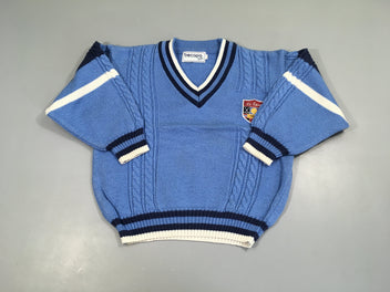 Pull vintage bleu col v blason