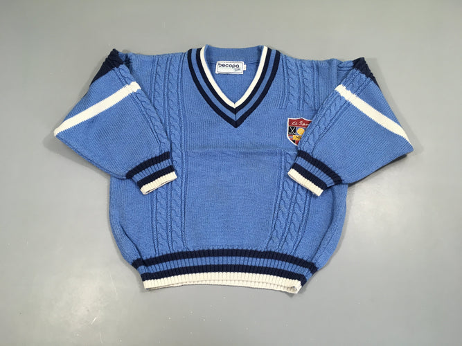Pull vintage bleu col v blason, moins cher chez Petit Kiwi