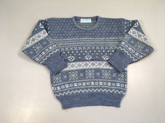Pull vintage bleu motifs, 51% laine, moins cher chez Petit Kiwi