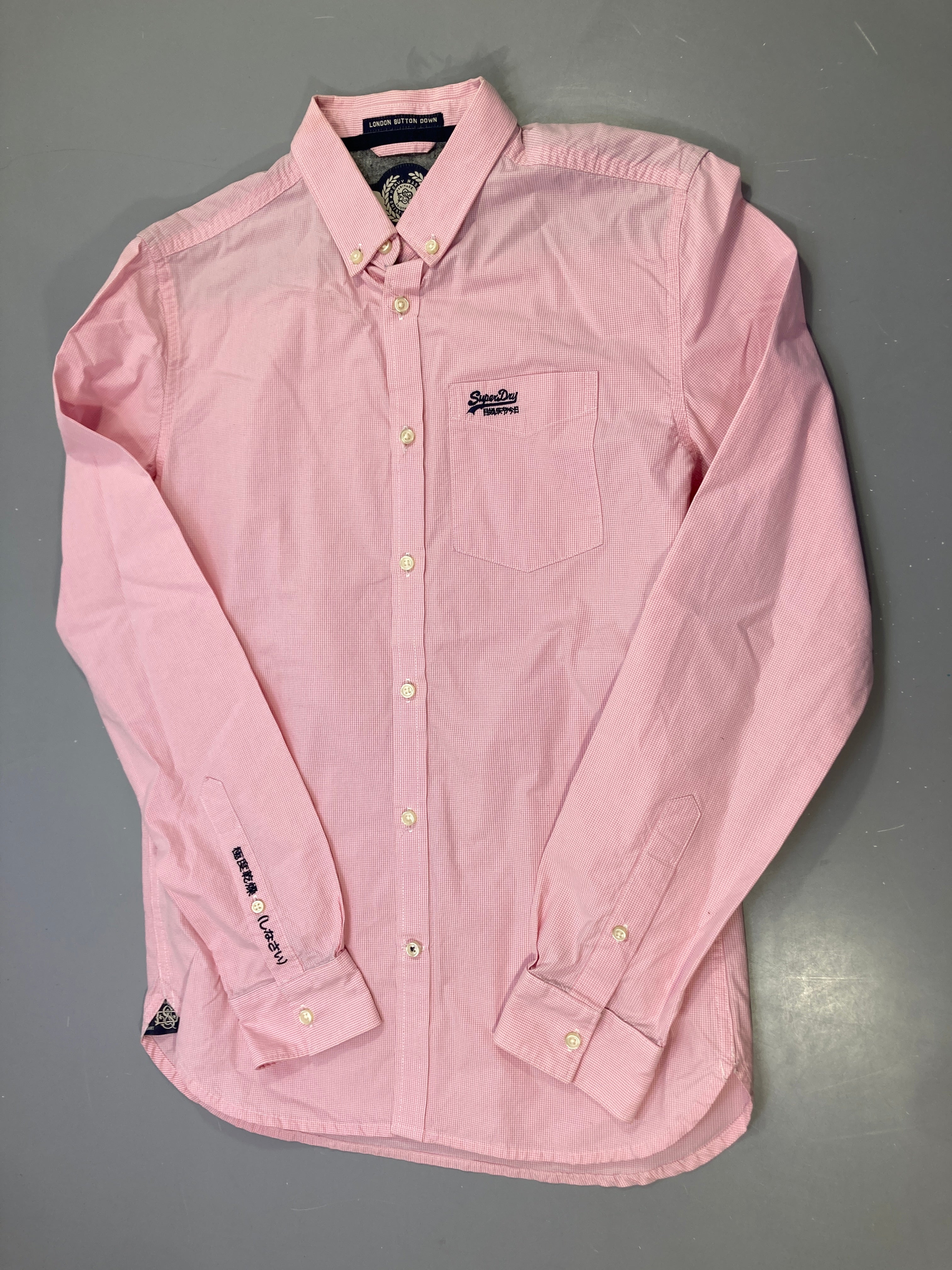 Chemise m.l rose à petits carreaux, col boutonné, poche poitrine
