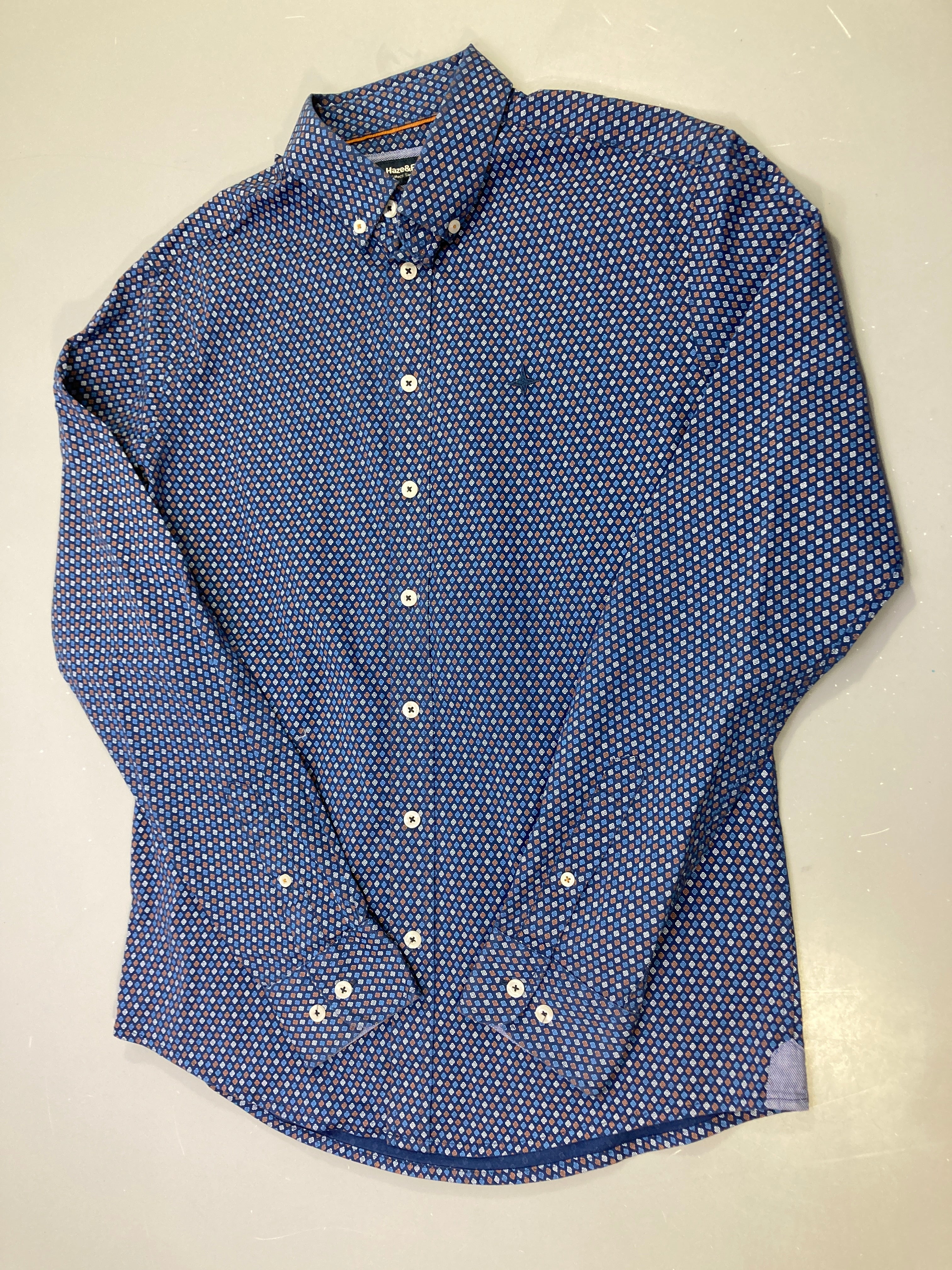 Chemise m.l bleu marine motif géométrique, col boutonné, Haze&Finn