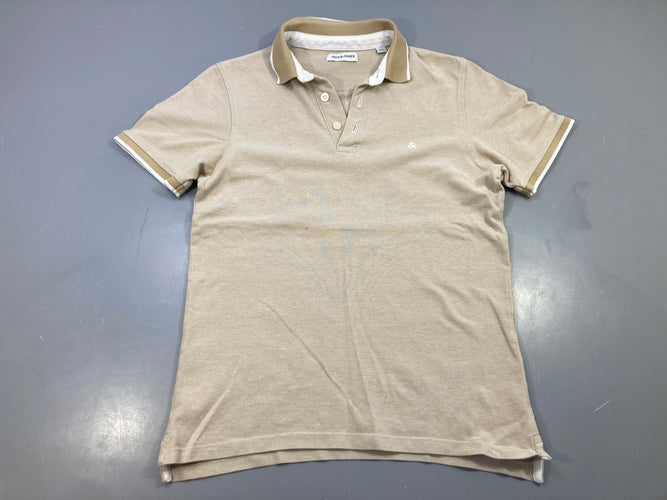 Polo m.c beige chiné, col et poignets liserés blancs, moins cher chez Petit Kiwi