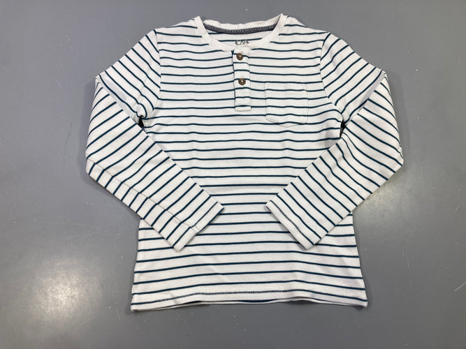 T-shirt m.l blanc rayé bleu canard, côtelé, col boutonné, poche, moins cher chez Petit Kiwi