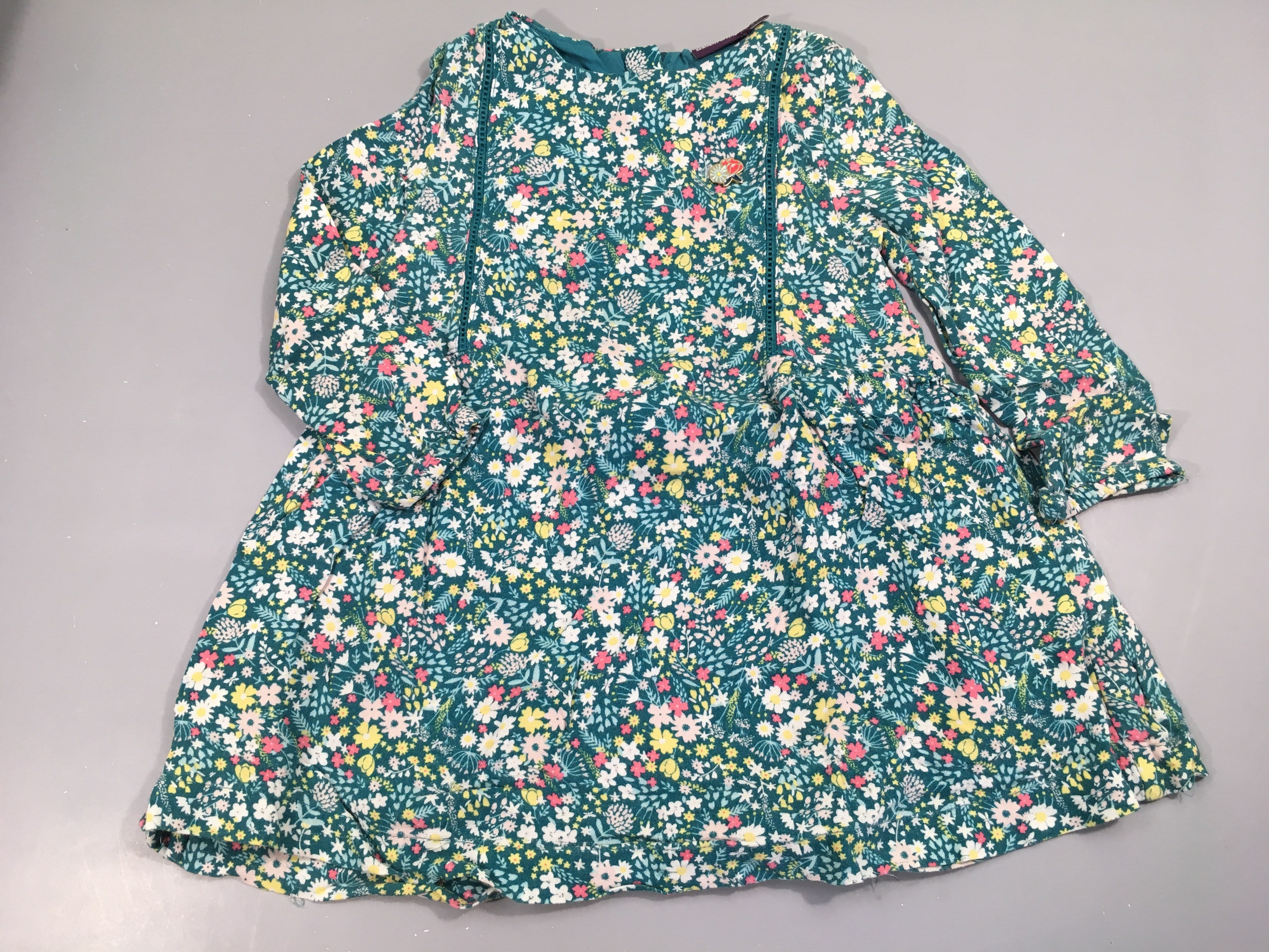 Robe m.l doublée imprimé vert fleurs jaune/rose